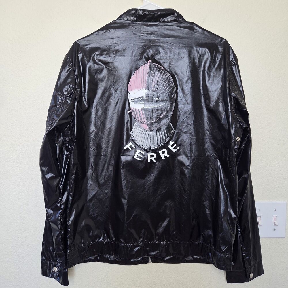 FERRE ITALY Men’s High-Shine Metallic Black Windbreaker Zip Jacket - Size 50
